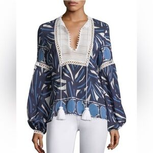 Alexis Ciela Lace-Bib Long-Sleeve Printed Cotton top tassel tie blue white XS